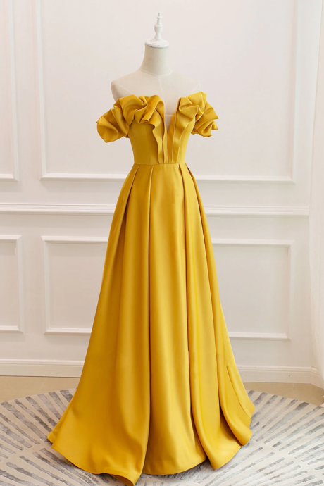A-line Off Shoulder Satin Yellow Long Prom Dresses