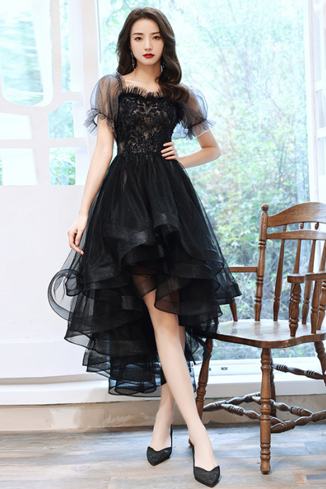 High Low Black Short Sleeve Prom Dress Evening Dress