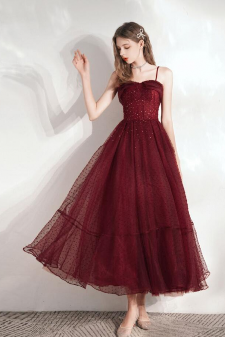 Sweetheart Burgundy Tea Length Tulle Prom Dress