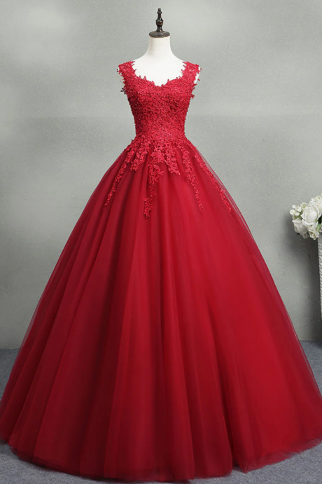 A-line Burgundy Tulle Lace Ball Gown Long Prom Dresses