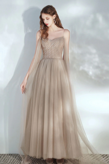A-line Tulle Champagne Long Prom Dress, Formal Dresses