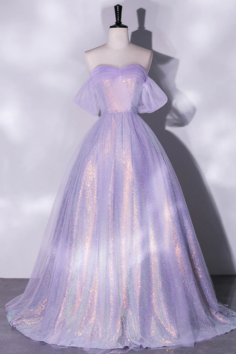 A-line Purple Tulle Sequin Long Prom Dresses