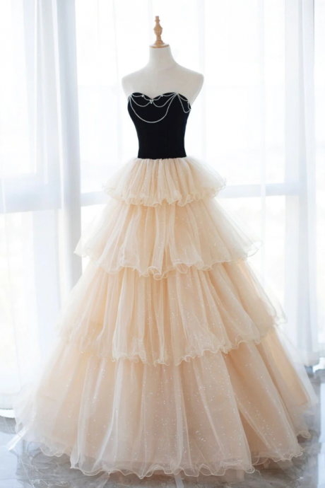 Sweetheart Neck Champagne Tulle Long Prom Dresses
