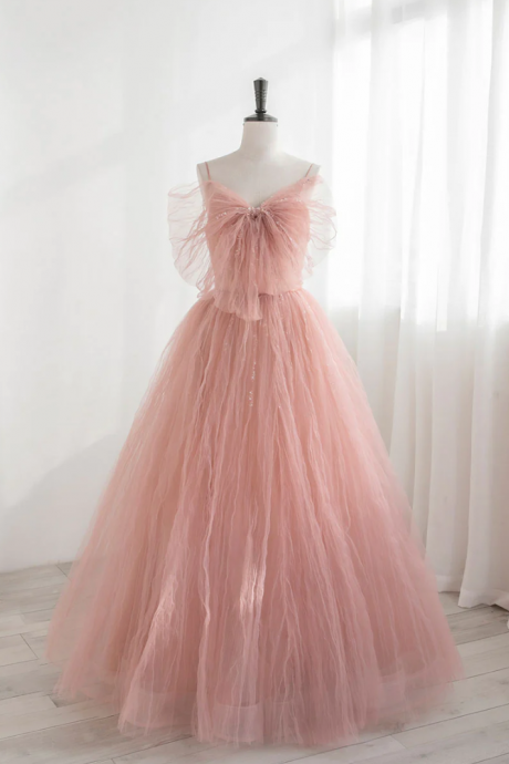 A-line Pink Tulle Sequin Long Prom Dresses