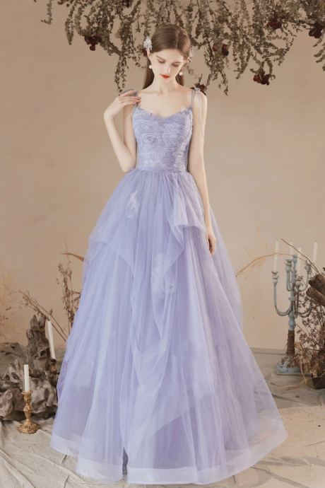 A-line Tulle Purple Long Prom Dresses Lace