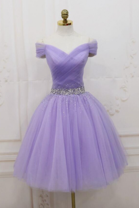Off Shoulder Tulle Purple Short Homecoming Dresses