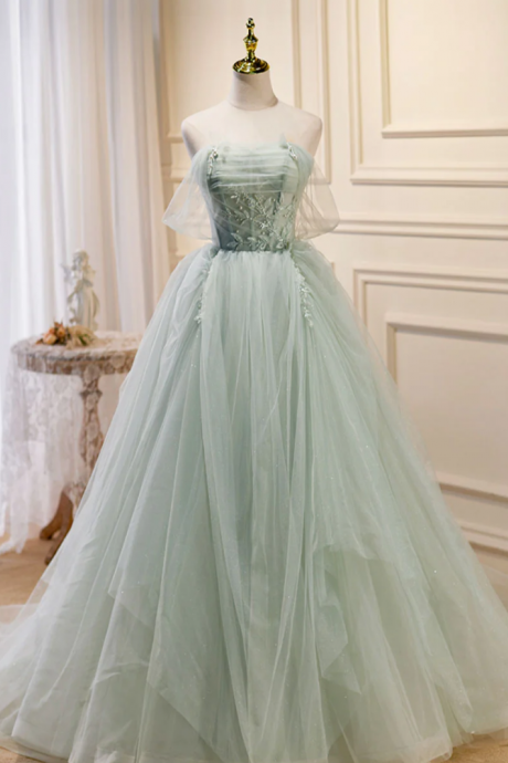 A-line Off Shoulder Tulle Green Long Prom Dresses With Beading