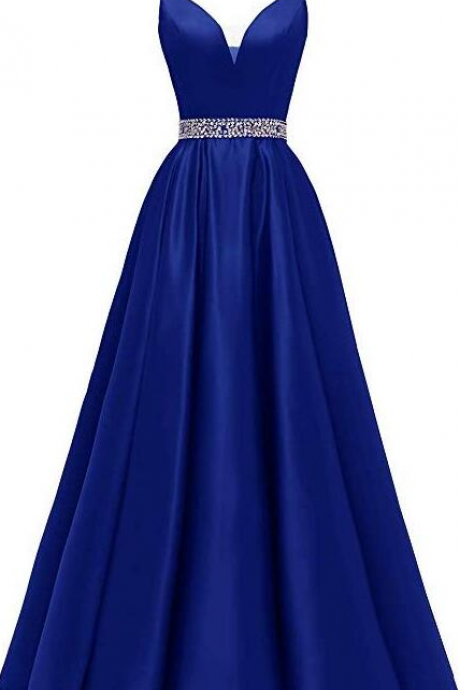 A-line V Neck Royal Blue Satin Prom Dress With Beading