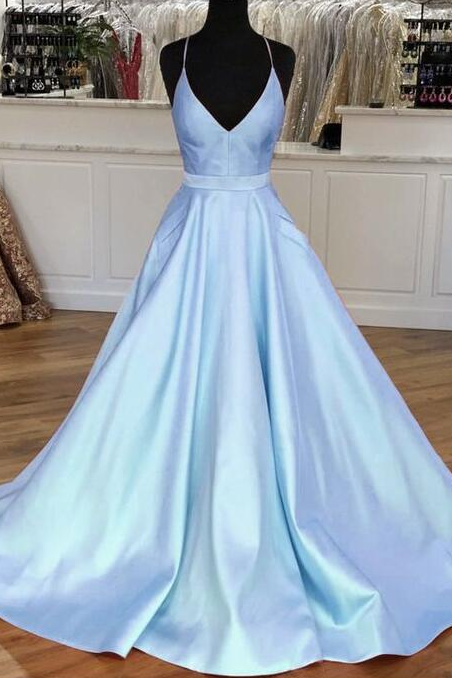 Simple Light Blue Satin V-neck Prom Dresses
