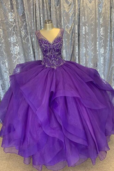 Ball Gown Purple V Neck Prom Dress With Beading
