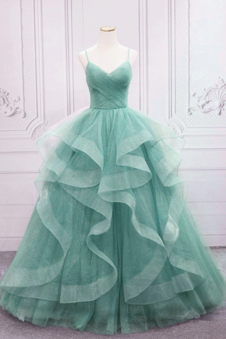 A Line Green V Neck Tulle Long Prom Dress,sweet 16 Dress