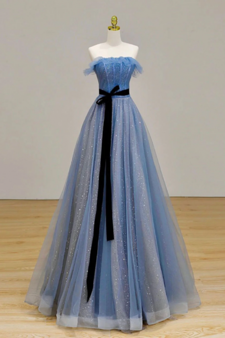 A-line Tulle Sequin Long Blue Formal Evening Dress