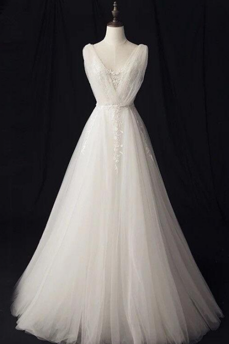 A-line Ivory V Neck Tulle Prom Dresses