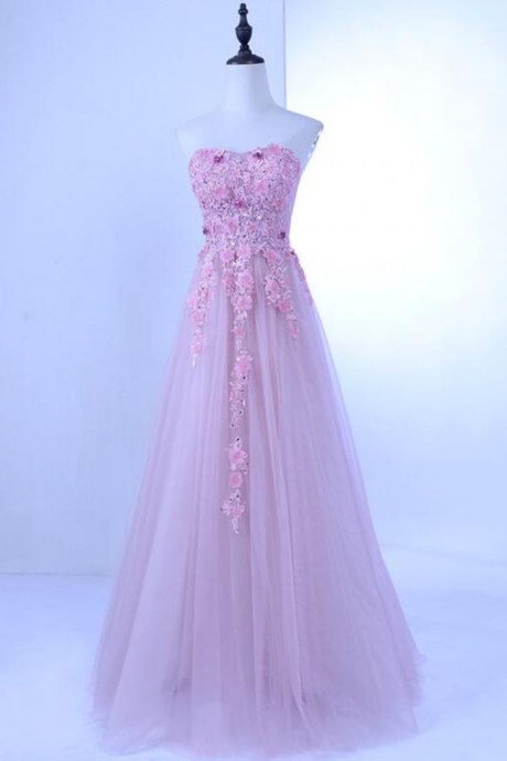 Sweetheart Long Pink Tulle Lace Appliqué Prom Dress