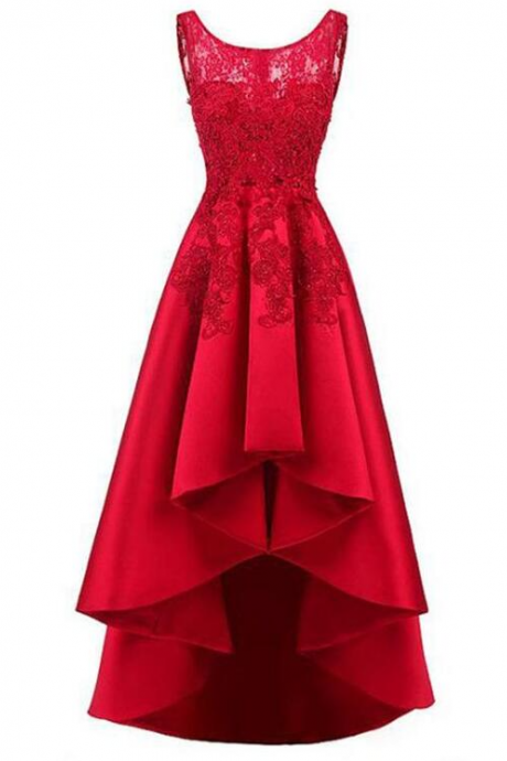 High Low Red Lace Satin Prom Dresses