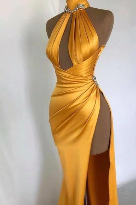 Sexy High Neck Prom Dress Yellow Evening Dress