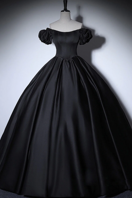 Off Shoulder Black Satin Long Prom Dresses, Formal Sweet 16 Dress
