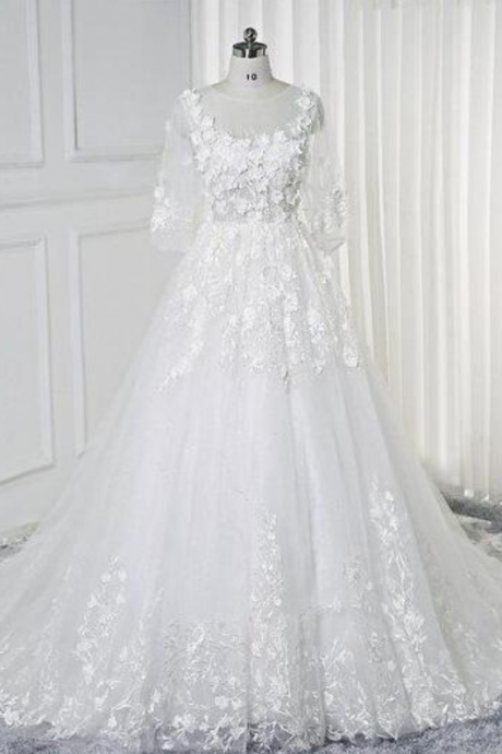Half Sleeves Lace Flowers Bridal Wedding Dress
