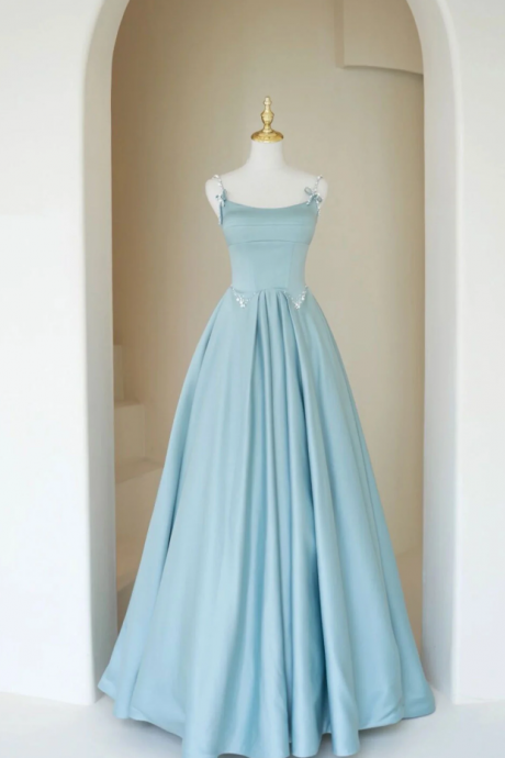 Simple A Line Blue Satin Long Prom Dresses