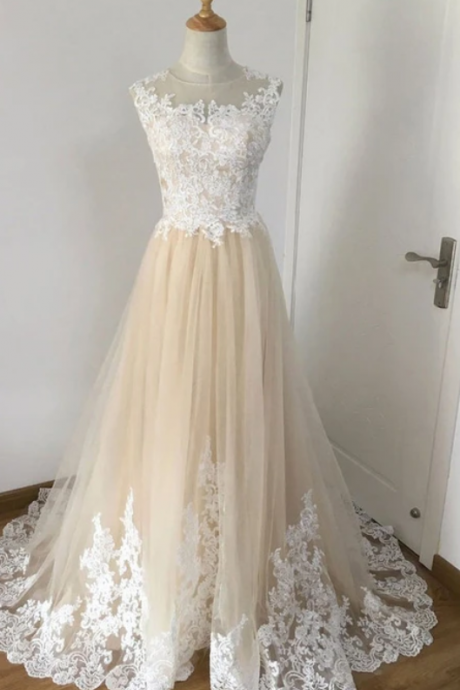 Simple A Line Sleeveless Illusion Prom Dress With Lace Appliques