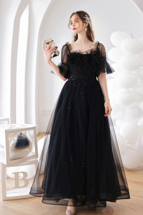 A Line Black Tulle Long Prom Dress Evening Dress