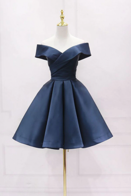 Simple Off Shoulder Satin Dark Blue Short Homecoming Dress