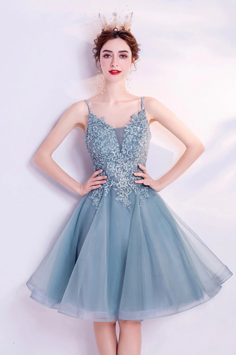 Gray V Neck Tulle Lace Blue Short Prom Dress Homecoming Dress