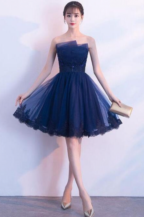 Dark Blue Tulle Lace Short Prom Homecoming Dress
