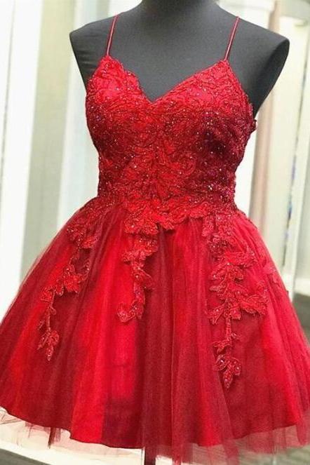 Sexy Short Red Backless Lace Homecoming Dress