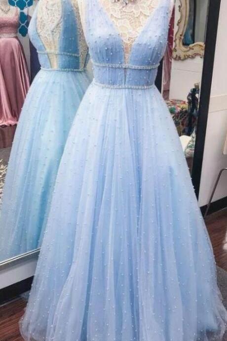 A Line Light Blue Tulle Evening Dresses,prom Dresses