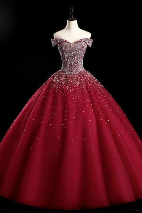 Off Shoulder Burgundy Tulle Sequin Long Prom Dress, Sweet 16 Dress