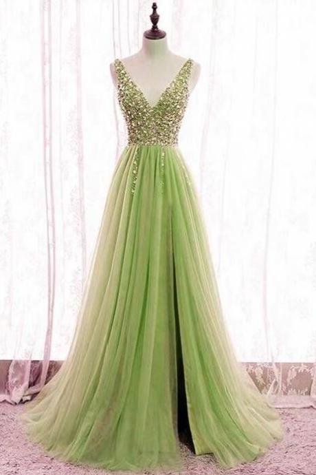 A Line Sage Green Tulle Split V Neck Formal Prom Dresses