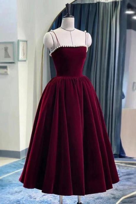 Simple Burgundy Tea Length Prom Dress Homecoming Dress