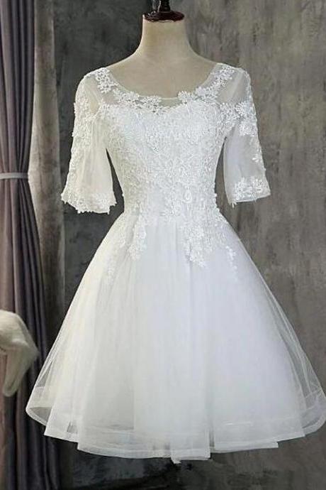 White Short Sleeves Graduation Dress Tulle With Lace
