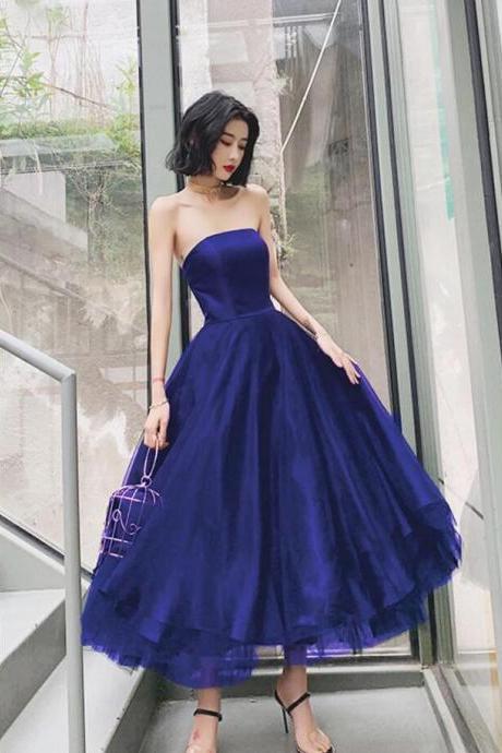 Simple Strapless Blue Tulle Tea Length Prom Dresses