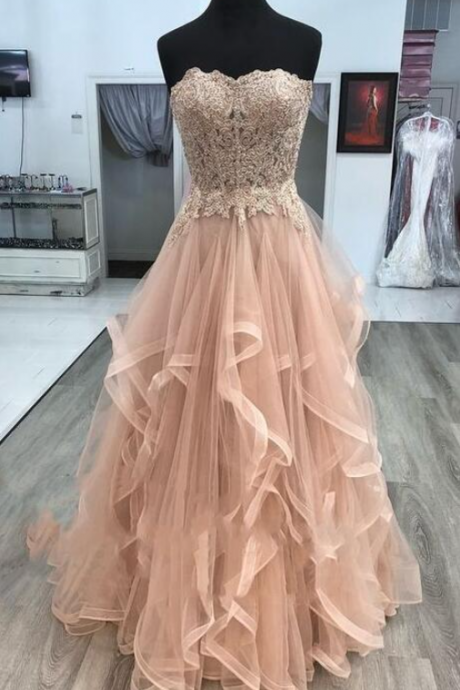 Gorgeous Floor Length Strapless Rose Gold Lace Prom Dress