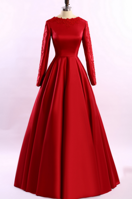 Simple Long Sleeve Red Lace Stain Prom Evening Dresses With Sleeves