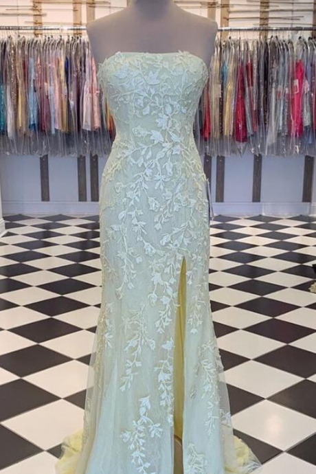 Simple Strapless Yellow Prom Dress With Lace