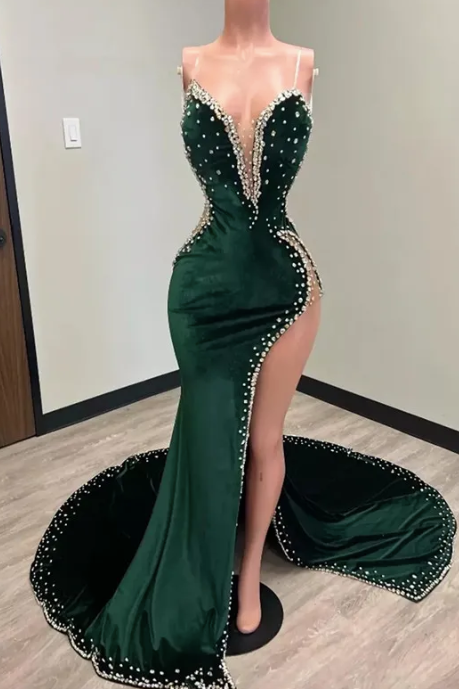 Hunter Green Velvet Prom Dresses Evening Dress With Cape Slit