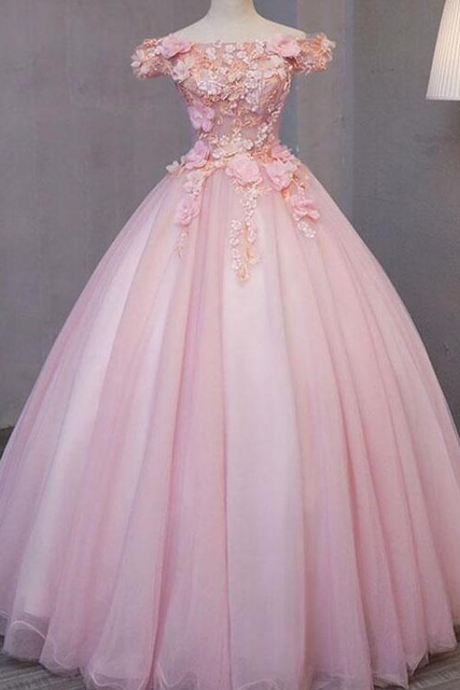 Off Shoulder A-line Pink Lace Prom Dresses