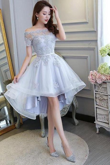 Off Shoulder Grey High Low Lace Homecoming Dresses