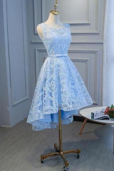 Charming Round Neckline Lace High Low Prom Dress With Belt