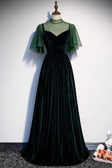 Deep Green Velvet Cap Sleeve Long Prom Dress