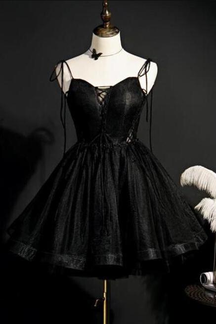 Simple Black Straps Tulle Short Homecoming Dress