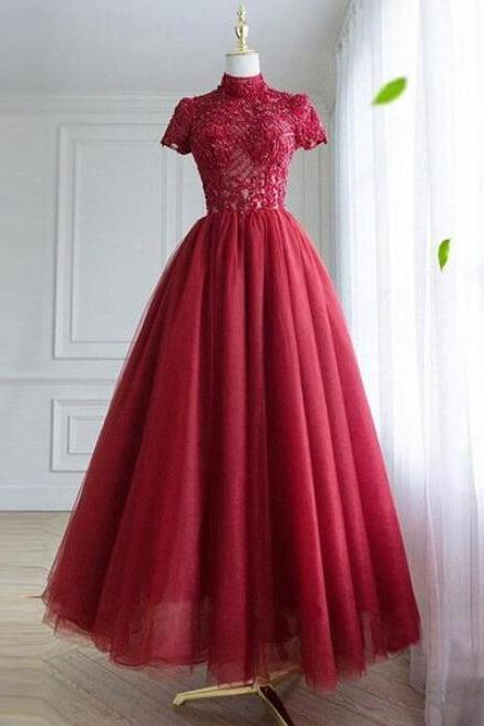 A Line Dark Red Lace High Neckline Beaded Prom Dress