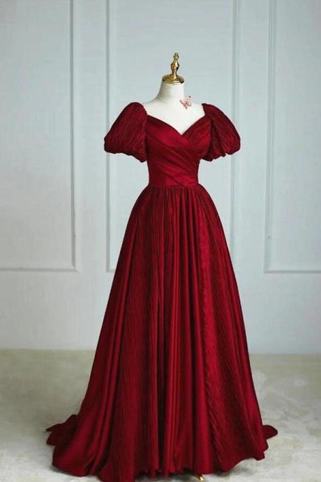 A Line Wine Red Satin V-neckline Short Sleeves Prom Dress