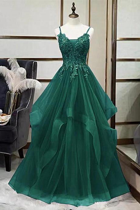 A-line Straps Tulle With Lace Applique Long Prom Dress