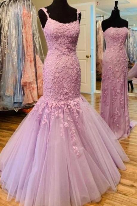 Simple A Line Straps Pink Lace Long Prom Dresses