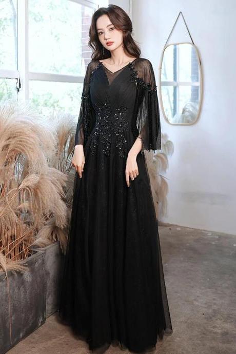 Floor Length A-line Black Tulle Beaded Long Formal Dress