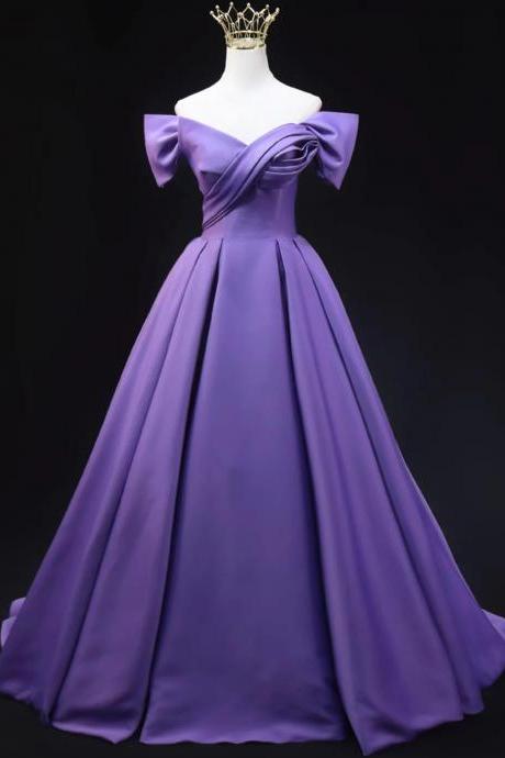 Simple Off Shoulder Purple Satin Prom Evening Dress